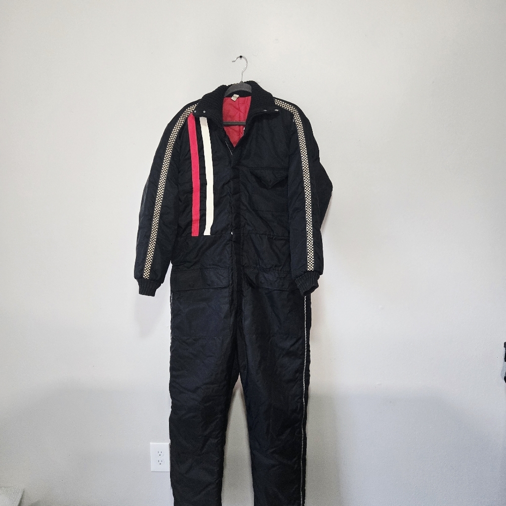 VINTAGE 70s Snowmobile Suit Insulated Coveralls Racing Jumpsuit Black Red White